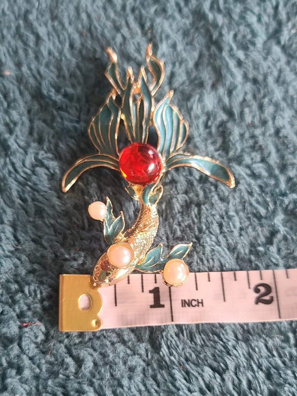 Vintage Gold-tone Teal Enamel Koi Brooch with Red Cabochon and Pearl Accents